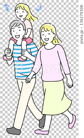 肩車をして歩く親子 線画 肩車をして歩く親子 線画 136270306