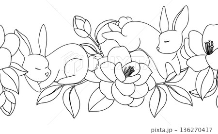 Easter seamless frame with cute vector Easter bunnies and flowers. Coloring page. 136270417