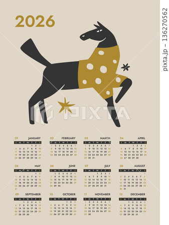 Wall calendar A3 week starts Monday black Horse in folk style. Year of horse vector template 136270562