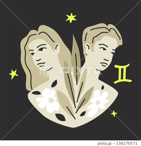 Gemini zodiac vector illustration. Hand drawn asset isolated on black background Gemini zodiac vector illustration. Hand drawn asset isolated on black background 136270571