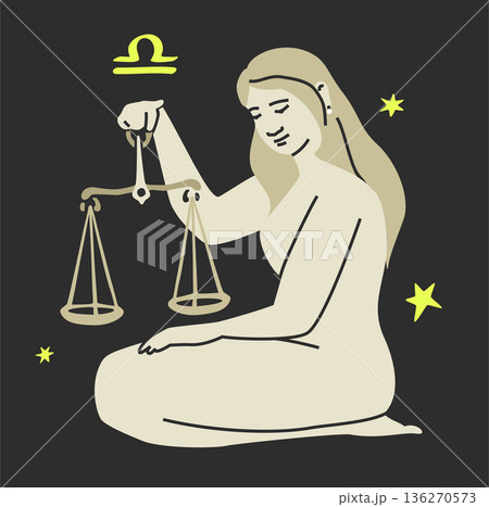 Libra zodiac sign. Unique modern monochrome vector isolated on black bg Libra zodiac sign. Unique modern monochrome vector isolated on black bg 136270573