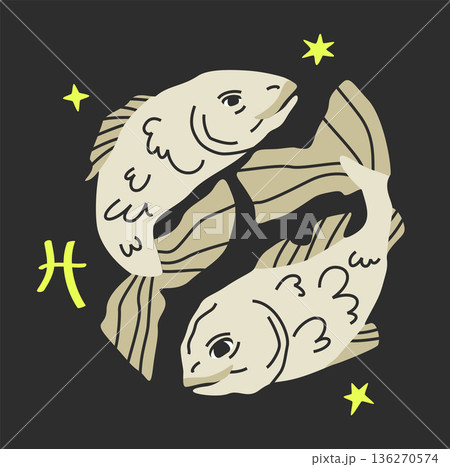 Pisces sodiac symbol. Vector. Hand drawn astrological sign isolated on black bg Pisces sodiac symbol. Vector. Hand drawn astrological sign isolated on black bg 136270574