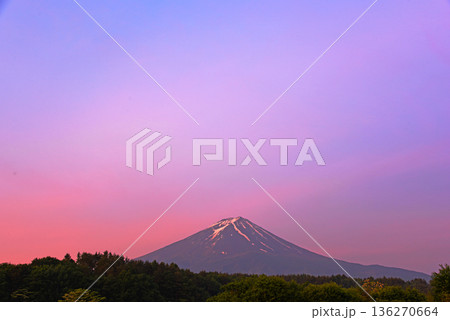 富士山上空の薄雲が朝焼けで朱に染まり筋状の残雪の富士山もほんのり焼ける夏の朝 136270664