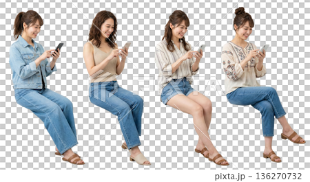Set of 4 women in their 20s sitting and using smartphones, full-body cutout, transparent PNG, casual 136270732