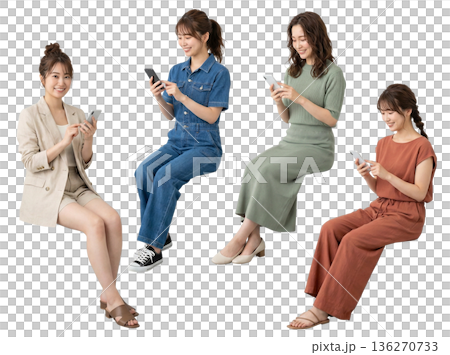Set of 4 women in their 20s sitting and using smartphones, full-body cutout, transparent PNG, casual 136270733