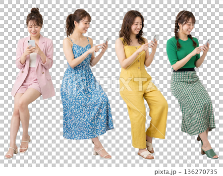 Set of 4 women in their 20s sitting and using smartphones, full-body cutout, transparent PNG, casual 136270735