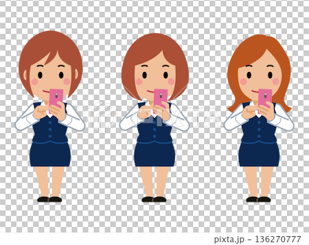 A young woman in navy office wear operating a smartphone 136270777