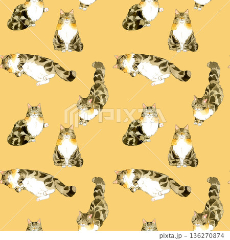 ノルウェージャンフォレストキャットのシームレスパターン　動物・ペットの手描き水彩イラスト背景素材 136270874