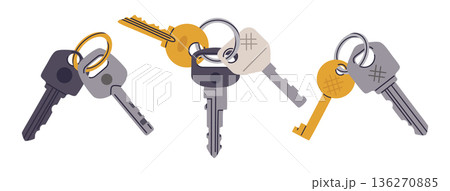 Cartoon key bunches. Apartment or house door keys, door key bunches flat vector illustration set. Simple real estate property keys on white 136270885