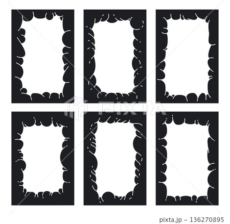 Abstract bubble cloud frames. Puffy cloud borders silhouettes, contemporary organic figures flat vector illustration set. Cartoon black chubby frames on white 136270895