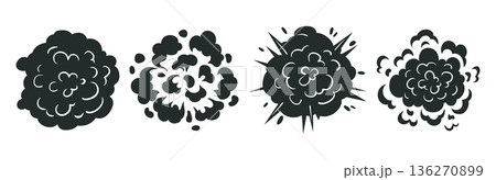 Bomb explosion cloud silhouettes. Cartoon danger bomb explosion, comic fire and smoke clouds flat vector illustration set. Dynamite explosion cloud silhouette on white 136270899