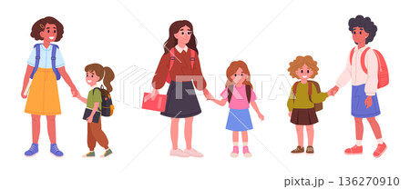Elders students take younger ones to school. School kids in pairs, brothers and sisters, middle and primary school students flat vector illustration set. Siblings going to school Elders students take younger ones to school. School kids in pairs, brothers and sisters, middle and primary school students flat vector illustration set. Siblings going to school 136270910