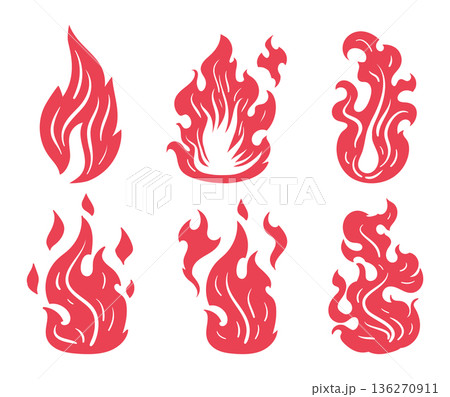 Fire flames. Cartoon red bonfire symbols, burning fireballs and wildfire flames flat vector illustration set. Cartoon fire on white background 136270911