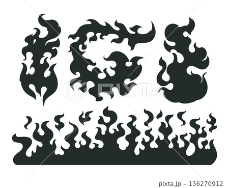 Flame silhouettes. Cartoon burning fire, sketched wildfire elements, fire burning silhouette flat vector illustrations set. Black flames silhouettes on white 136270912