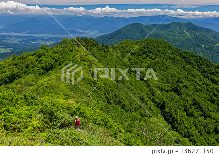 高妻山稜線を行く登山者と飯縄山の眺め 136271150