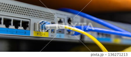 Network cables connected to switches. 136271213