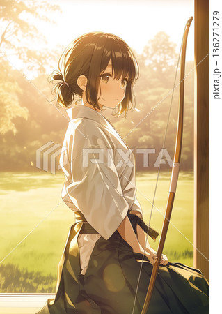 夕暮れの道場で弓を構える若い女性｜静寂と集中を感じる弓道の時間 136271279