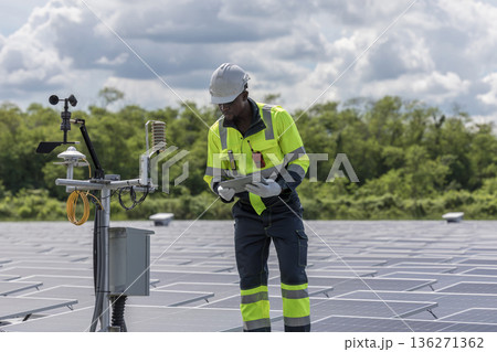 Engineer Checking and working setup Floating solar panels or solar cell Platform system on the lake.  136271362