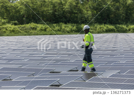 Engineer Checking and working setup Floating solar panels or solar cell Platform system on the lake.  136271373