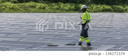 Engineer Checking and working setup Floating solar panels or solar cell Platform system on the lake.  136271374