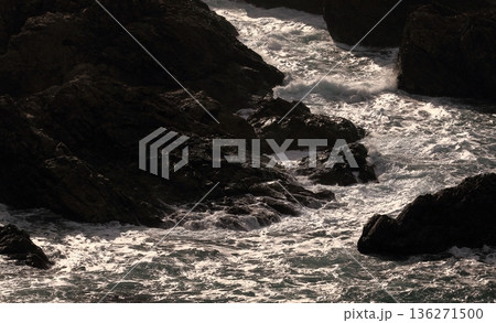 荒海の岩礁白く光る波 136271500