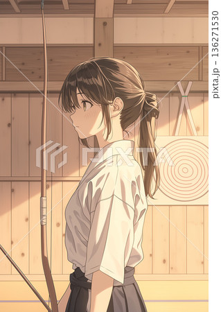 弓道場で静かに佇む若い女性の横顔｜集中と静寂を感じる日本文化の一瞬 136271530