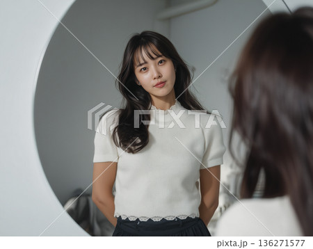 Woman is standing in front of a mirror, wearing a white shirt and black pants 136271577
