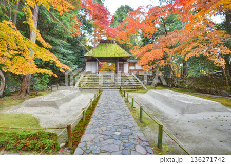 法然院の白砂壇と山門と紅葉 136271742