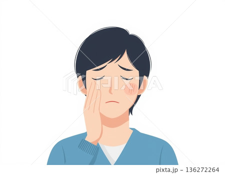頬を押さえて悩む男性のイラスト（歯痛・腫れ・肌トラブル） 136272264