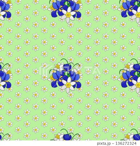 seamless pattern vector illustration, flowers bouquet blue irises and daffodils on a pale green background, for textiles, fabric, wrapping paper, wallpaper, seamless pattern vector illustration, flowers bouquet blue irises and daffodils on a pale green background, for textiles, fabric, wrapping paper, wallpaper, 136272324