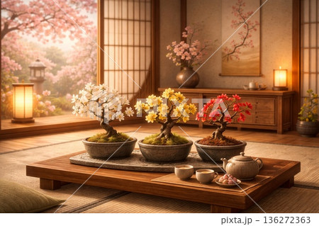 春の和室で楽しむ三色の盆栽とお茶時間 136272363