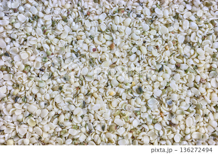 Close up photo of hulled hemp seeds, selective focus. Close up photo of hulled hemp seeds, selective focus. 136272494