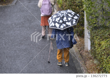 日本の横浜都市景観粉雪が舞う凍てつく寒さ…段差や起伏…高齢化社会　杖の高齢女性＝横浜市内 136272773
