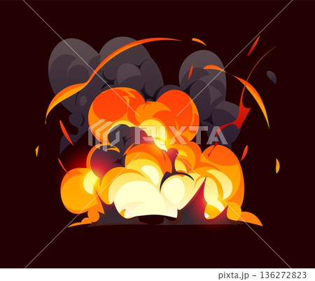 Cartoon bomb explosion and magic boom effect, red fire cloud. Vector fireball with bright flame and smoke, glowing orange and yellow blast, vfx burst for magic fight, fantasy game and comic attack 136272823