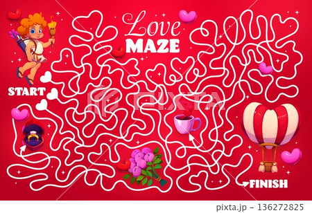 Labyrinth maze game with valentine cherub cupid and holiday gifts. Cartoon angel character guiding a love journey through rings, hearts, flowers, and coffee to a heart shaped hot air balloon finish 136272825