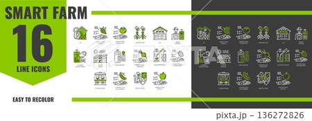 Robot smart farm technology line icons, agriculture industry. Vector signs of ai, harvesting crops, laboratory research, iot control and smart farmer. Climate monitoring, solar energy, and navigation 136272826