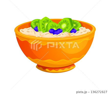 Cartoon oatmeal bowl with cereal flakes topped with kiwi fruit slices and blueberry berries. Vector breakfast food with ceramic dish, creamy porridge, fresh fruit garnish isolated on white background 136272827