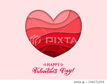 Paper cut happy valentine day banner. 3d vector greeting card with layered red papercut heart. Romantic message on soft pink background. Sweet and heartfelt holiday celebration banner for loved ones 136272834