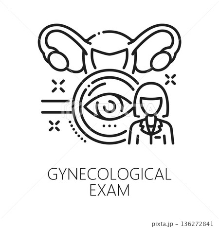 Gynecology examination, urinary medicine line icon. Gynecology and pregnancy symbol, woman reproductive health and fertility vector icon. Medicine pictogram with uterus, doctor or nurse character 136272841