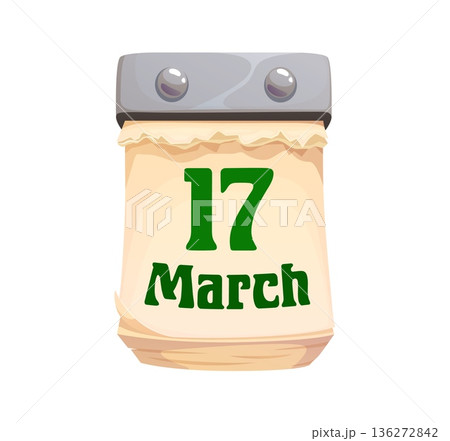 St Patrick day calendar page displaying march 17, marking the global celebration of Irish culture, heritage, and luck. Cartoon vector festive, iconic date represents parades and the spirit of Ireland 136272842