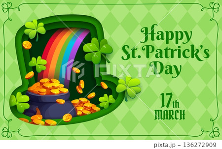 Paper cut happy St Patrick day greeting card with leprechaun hat shape, pot of gold, clovers and rainbow inside. Vector 3d holiday banner for celebrating Festive Irish traditions on March 17 136272909