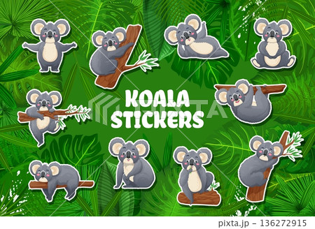 Cartoon funny cute koala bear characters stickers. Playful vector koala personages sleeping, hanging on a branch, sitting, and eating. Adorable Australian animal stickers for children's projects Cartoon funny cute koala bear characters stickers. Playful vector koala personages sleeping, hanging on a branch, sitting, and eating. Adorable Australian animal stickers for children's projects 136272915