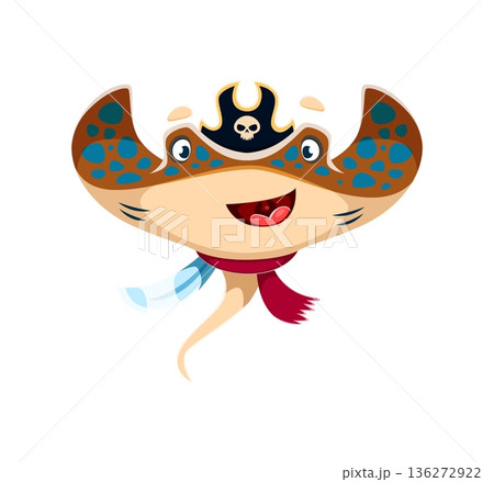 Cartoon manta ray or stingray animal pirate vector character with brown spots on beige body and black hat with skull. Corsair wears a red scarf and carries cutlass. Cute pirate captain for kids party 136272922