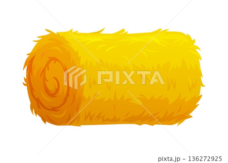 Cartoon cylindrical hay roll, bright golden yellow spiral straw bundle, vector rural element, symbolizes harvest, farming and countryside life. Isolated rustic bale agricultural or village forage Cartoon cylindrical hay roll, bright golden yellow spiral straw bundle, vector rural element, symbolizes harvest, farming and countryside life. Isolated rustic bale agricultural or village forage 136272925