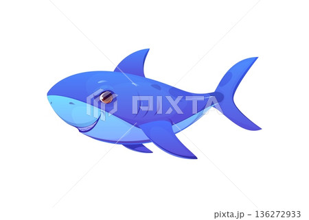 Cartoon shark character with friendly smile and big eye swimming on white background. Vector cute marine animal icon, playful ocean creature for pirate sea adventure and aquatic wildlife game asset 136272933