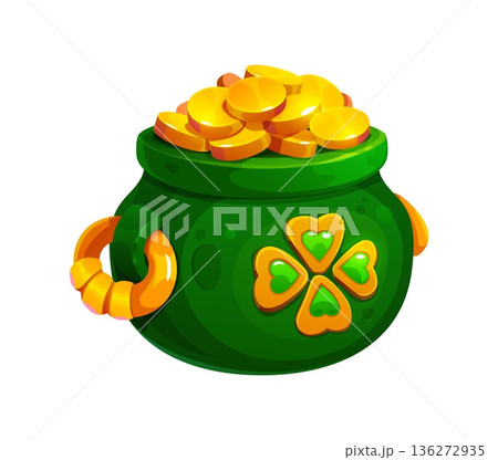 St Patrick day green cauldron overflowing with gold coins. Cartoon Irish charms symbolizing luck, treasure and fortune. Vector leprechaun pot with golden handles and decorated with four leaf shamrock 136272935