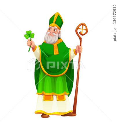 Cartoon Saint Patrick Character. Vector patron Saint of Ireland, dressed in traditional green and gold robes, holding a bishops staff and trefoil shamrock leaf. Legendary Irish Christianity personage 136272950