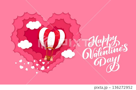 Paper cut valentine day banner with hot air balloon, hearts and pink sky clouds. Romantic vector message with balloon floating through pink and white fluffy clouds within 3d layered heart shaped frame Paper cut valentine day banner with hot air balloon, hearts and pink sky clouds. Romantic vector message with balloon floating through pink and white fluffy clouds within 3d layered heart shaped frame 136272952