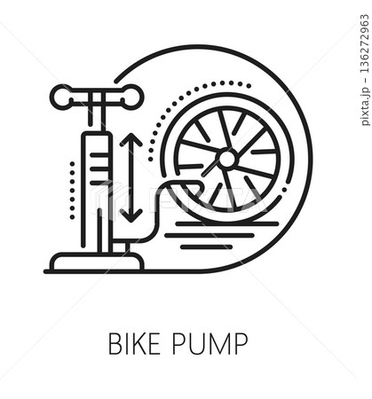 Bicycle wheel pump service line icon or symbol. Bike maintenance technical service linear sign, repair workshop vector icon. Bicycle equipment store or shop pictogram with hand air pump and bike wheel Bicycle wheel pump service line icon or symbol. Bike maintenance technical service linear sign, repair workshop vector icon. Bicycle equipment store or shop pictogram with hand air pump and bike wheel 136272963