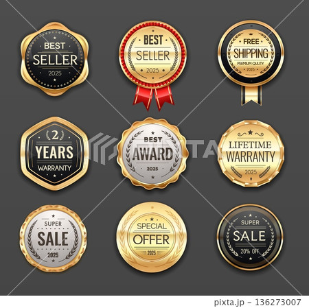 Golden award seals, best seller badges and labels, special offer medal and super sale marks with laurel wreaths or ribbons. Premium vector badges for highlighting best sellers and luxury products Golden award seals, best seller badges and labels, special offer medal and super sale marks with laurel wreaths or ribbons. Premium vector badges for highlighting best sellers and luxury products 136273007